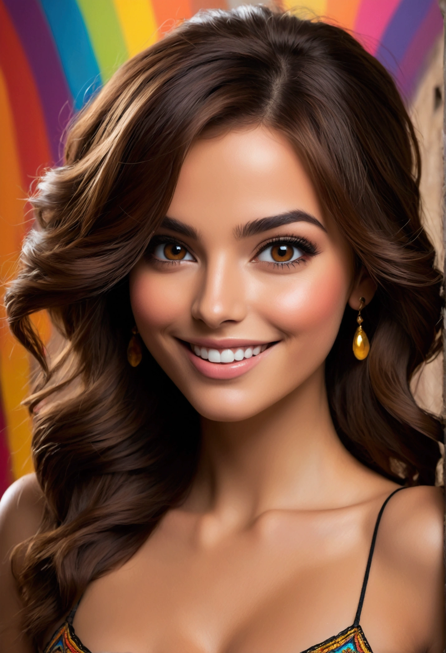 Femme brune au yeux marrons, belle , grande , souriante avec un haut noir décolleté