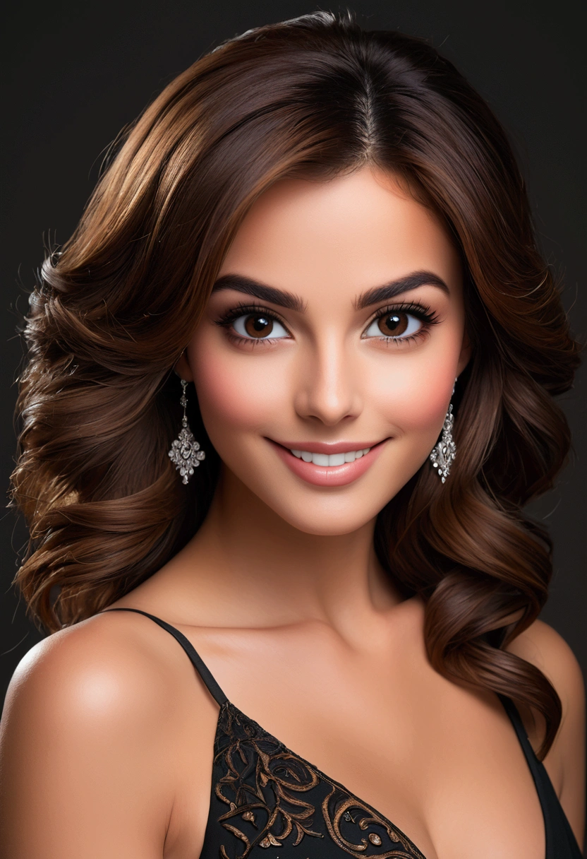 Femme brune au yeux marrons, belle , grande , souriante avec un haut noir décolleté