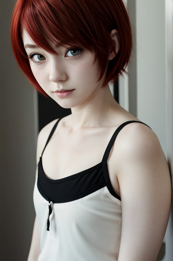 Red short hair anime girl with black eyes and pale skin