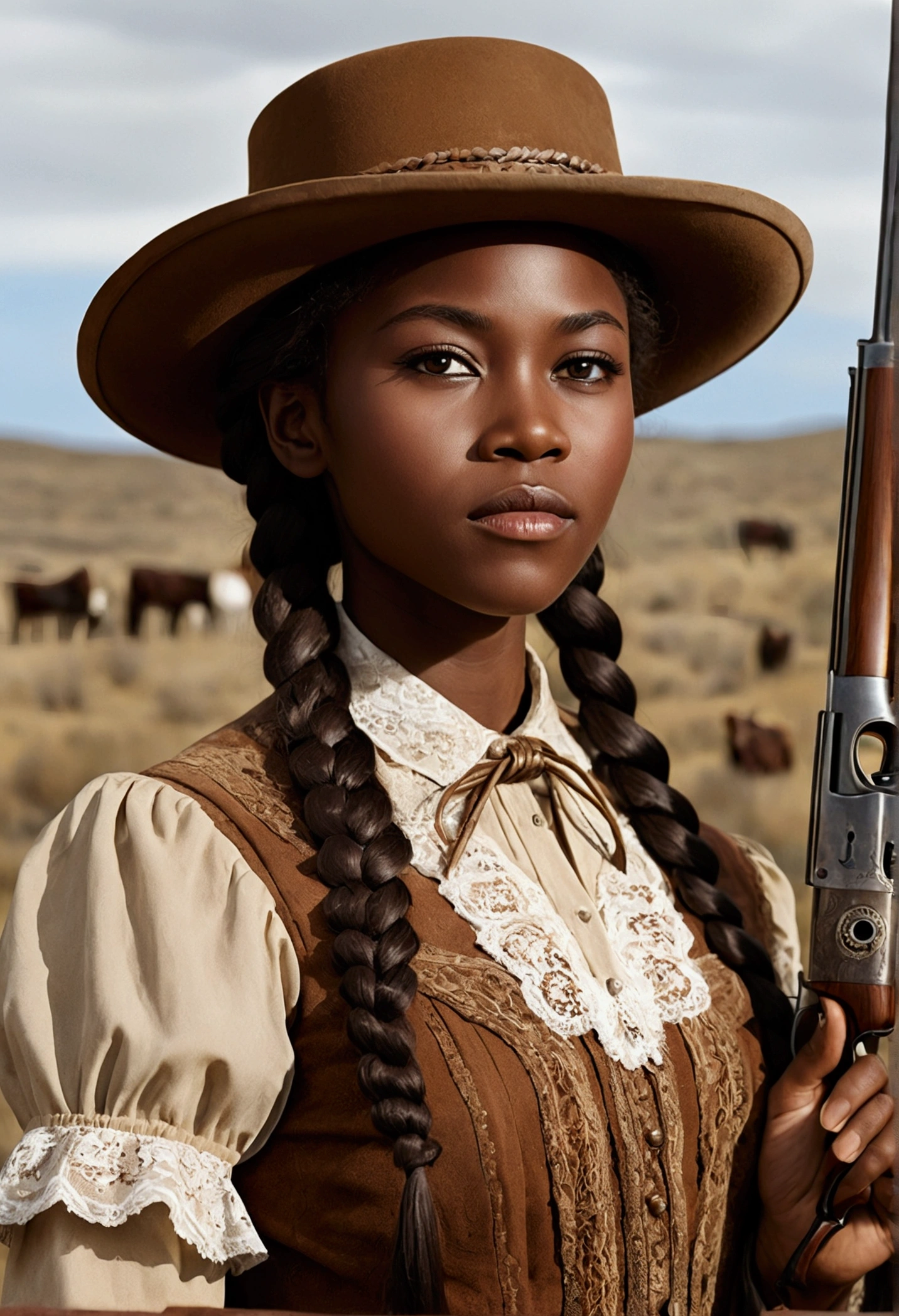 creative western film cover style old photograph with a young African girl aged 11, long braided hair, darkskin, western film character, Sexy girl with brown eyes, 精致的面容, she is wearing a hat and is in a saloom, she's holding a winchester rifle, ultra realist, meticulously detailed, wearing period clothes with white lace. she is holding a winchester. The image is an old western film cover. insert a limousin cattle into the scene, and a horse