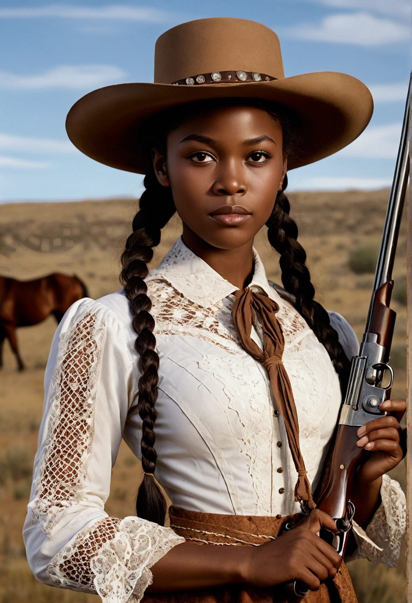 creative western film cover style old photograph with a young African woman, long braided hair, darkskin, western film character, Sexy girl with brown eyes, 精致的面容, she is wearing a hat and is in a saloom, she's holding a winchester rifle, ultra realist, meticulously detailed, wearing period clothes with white lace. she is holding a winchester. The image is an old western film cover. insert a limousin cattle into the scene, and a horse