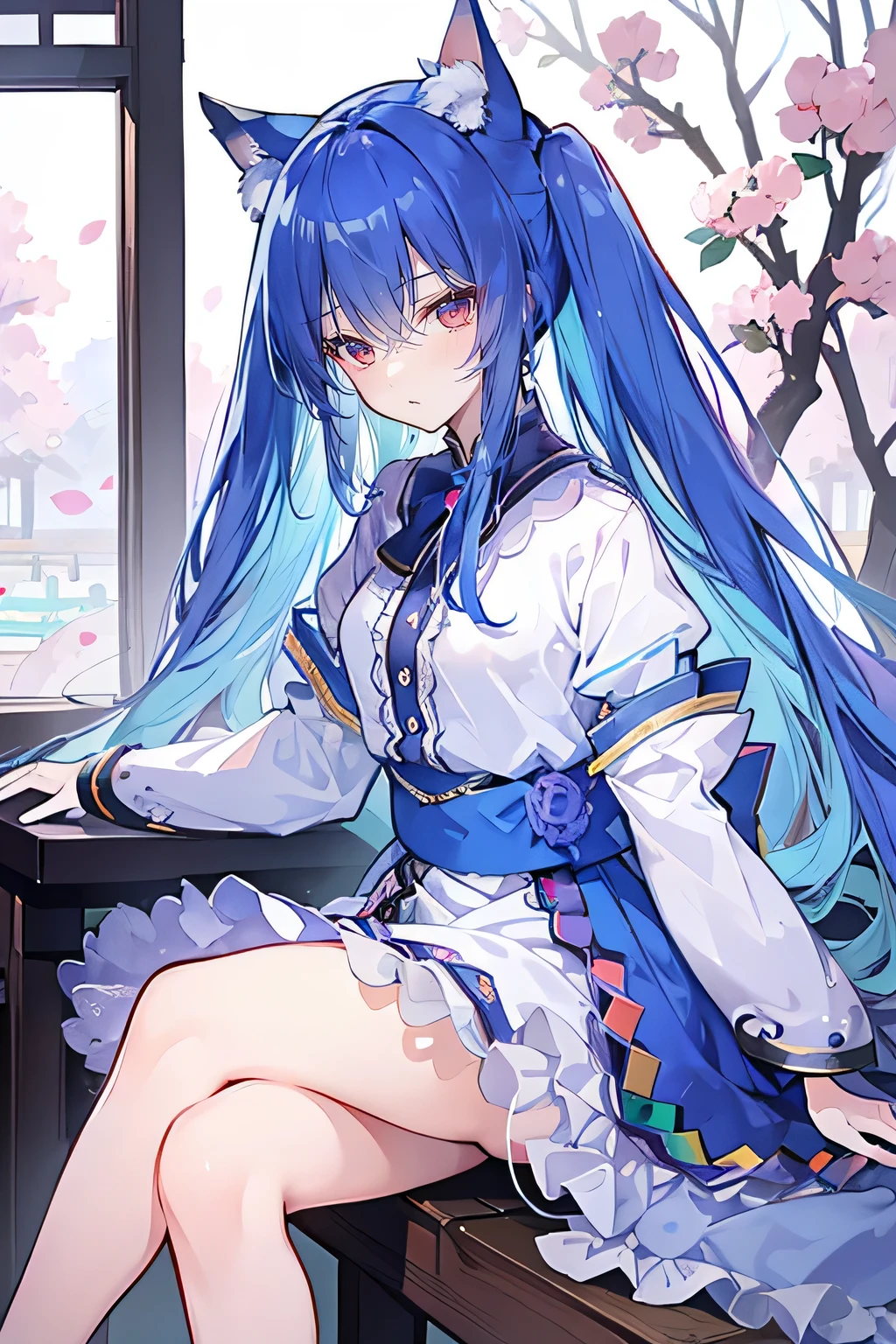 (masterpiece:1.2),Super detailed,lifelike,Expressive eyes,fair skin,perfect face shape,1 girl,
Japanese comics,Gorgeous blue hair,flowing blue hair,flowing clothes,Cat ears,Petals fall,beautiful lola,Baby Angel,
,Cross your legs,Gentle and peaceful background,The pavilion is cool and comfortable,