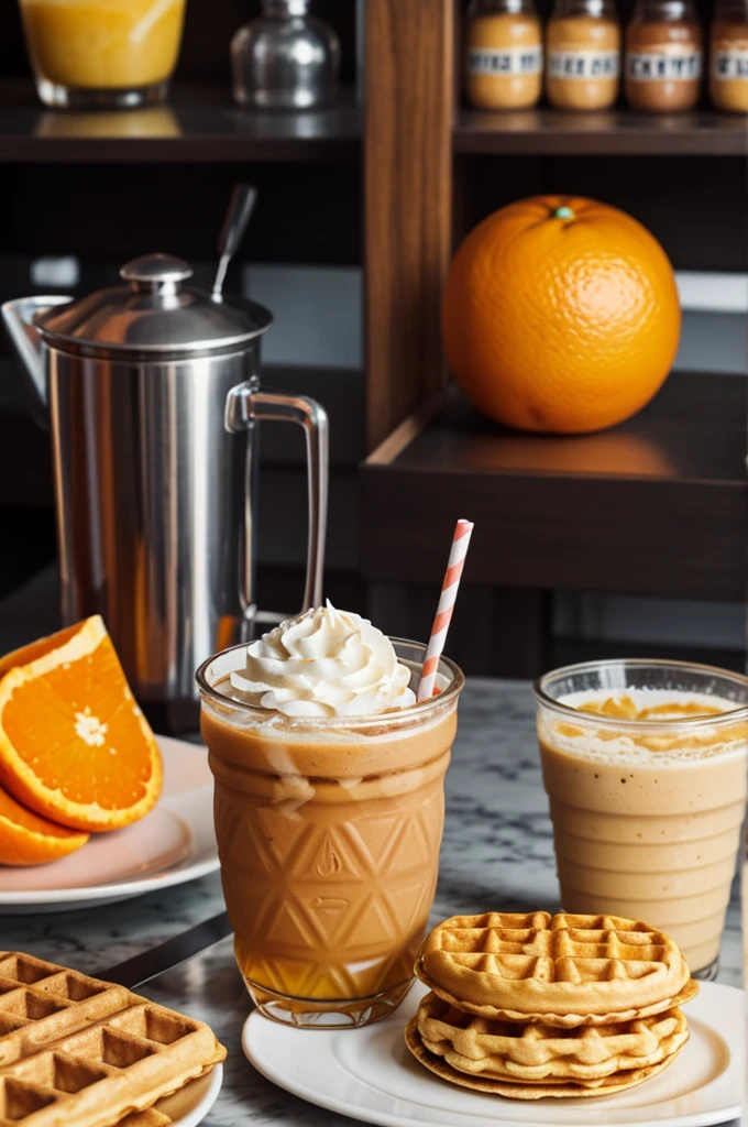 A cartoon tangerine with tattoos, and a glass of frappé in the right hand and a waffle in the left