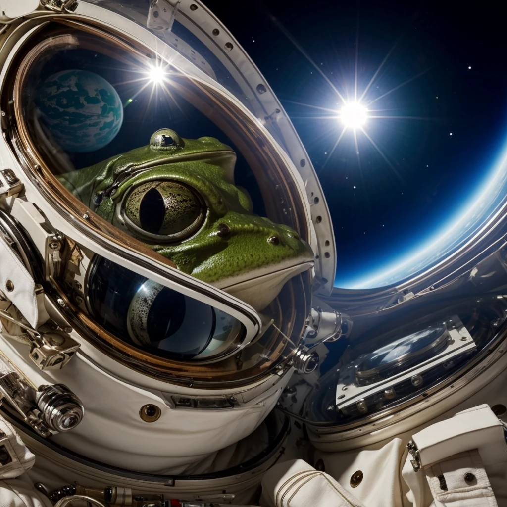 Make an astronaut frog happy by zooming in on his eyes that are reflecting the beauty of space