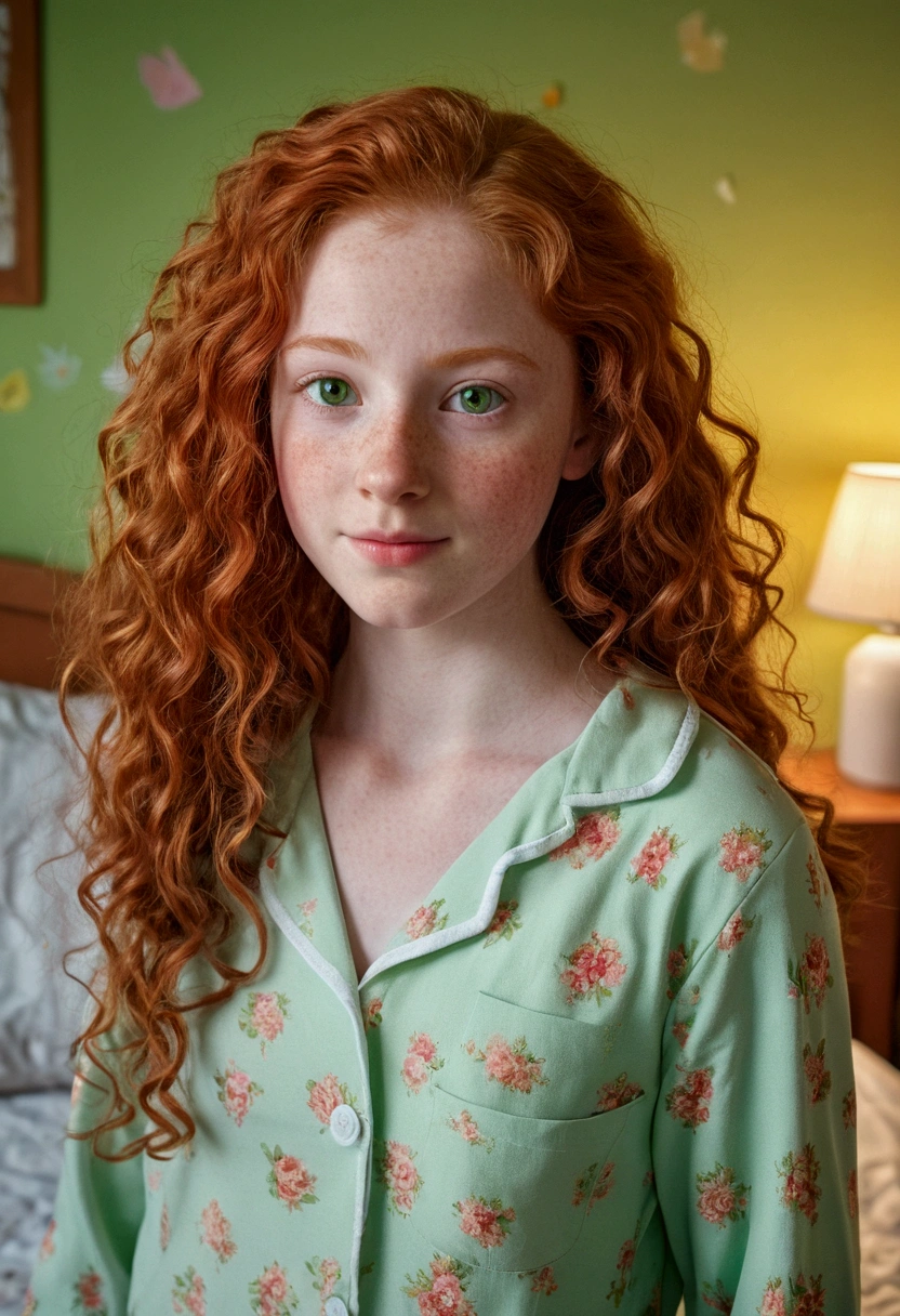 A red-haired girl, , pale white skin, green eyes, very long curly hair, round face, small upturned nose, Small ears, athletic body, Wide hips, with pajamas, in a bedroom, with children&#39;s decorations, taking a selfie, sad smile, upset, hyperrealism, Ray Tracing, NIKON, 16k, best quality, award winning, high details, super detail, textured skin, anatomically correct, masterpiece