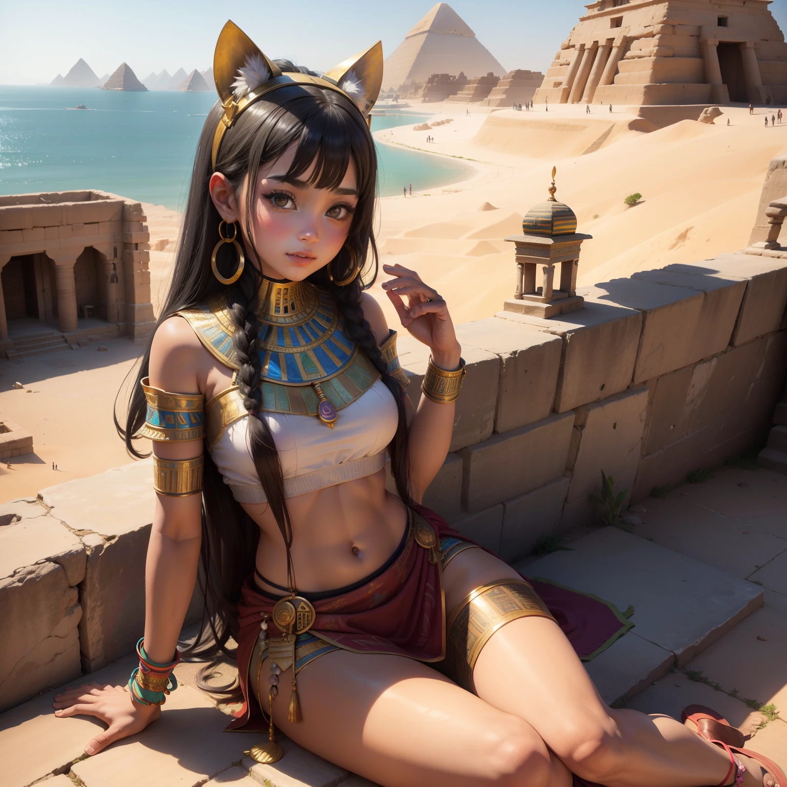 A cute ancient Egyptian girl leaning against the great pyramid