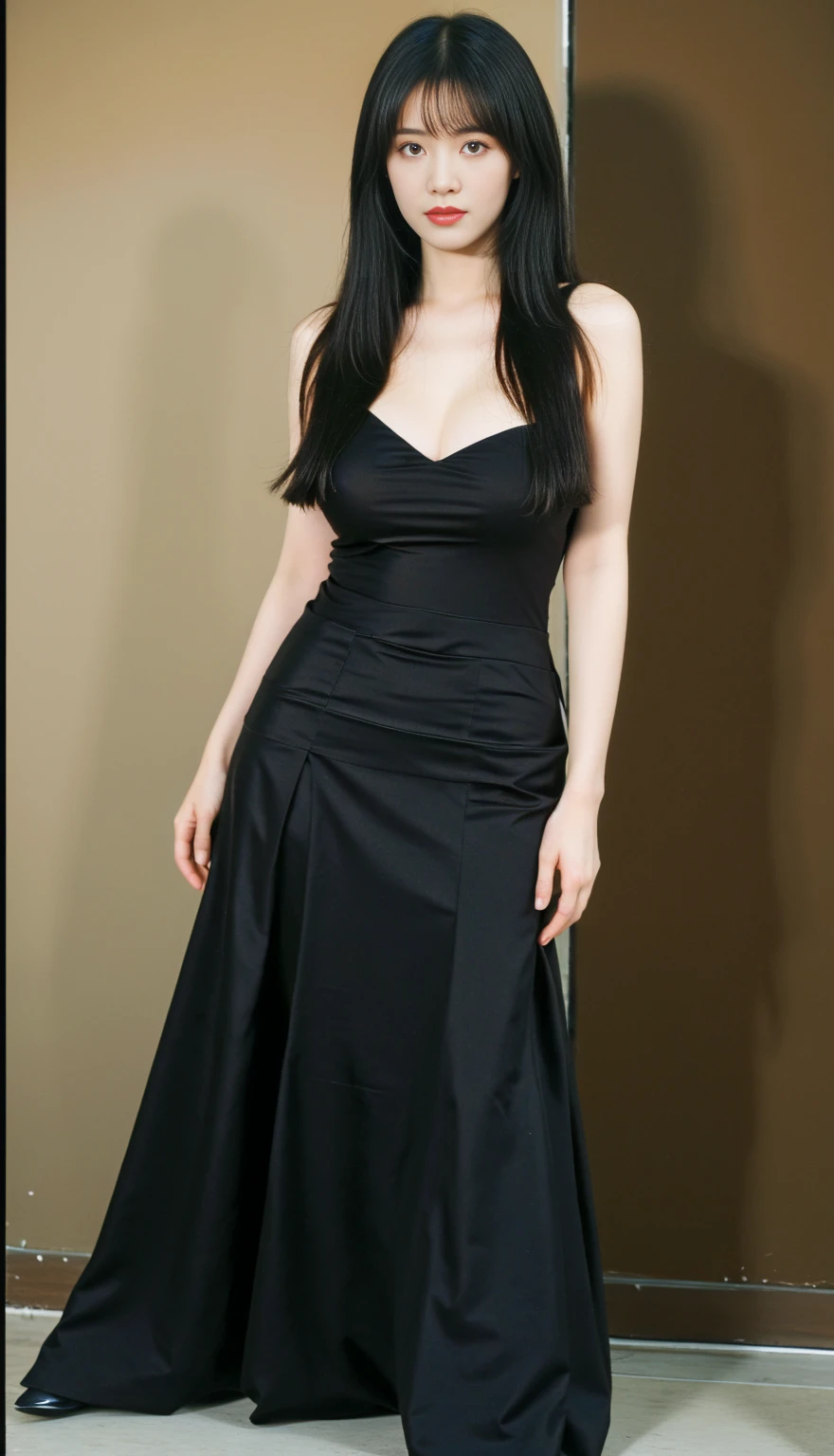 4k ultra high definition、best quality, masterpiece, ultra-high resolution, (Reality: 1.4), Light hair、(My girl、My cosmetics)、 Danteidong、((Oily skin, Fair skin、Realistic skin texture、Smooth and beautiful skin、Skin bright and radiant)), (panorama:1.8)(masterpiece, best quality, Very detailed, Best shadows), (Detailed background), (Beautiful and smooth face), High contrast, (Optimal lighting, Very smooth), (( Bright)), Colorful, Highly Detailed, Dramatic Light, Intricate Detail, alone, Sharp face, Hair between the eyes, Dynamic Angle, Depth of Field, (glass shards), (full body:1.5), bangs, 1girl,solo, long hair, (black hair1.5), (black dress), dress colection, (super Giant breasts:1.5), (shagging breasts:1.5), (looking at viwer:1.5), (standing),
