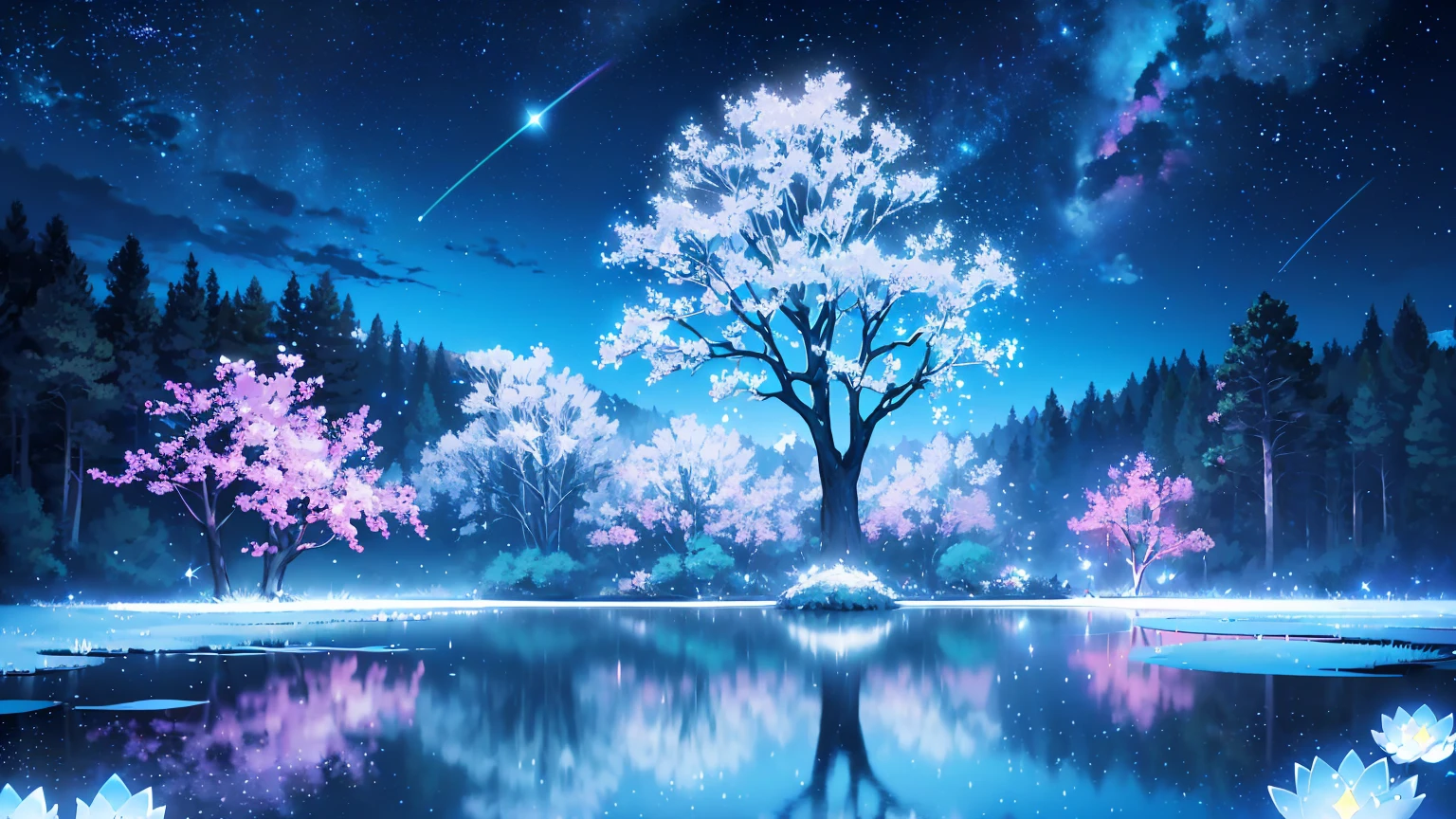 Mystical landscape with ((luminous starry blue and white flowers emitting light particles surrounding pond)),softly glowing butterflies, (one beautiful vivid purple sakura tree), (((unique view with extremely vivid multicolors without any people))), {extremely detailed 16k CG unity wallpaper}, expansive natural landscape photography, (wide open field view), (low angle shot),complex details, (iridescent colors: 1.6), (dark night lighting), (atmospheric lighting), Dreamy, unique, no people, reflections perfect,(no humans),landscape only, pixiv_fantasia,((starry glittering pond,water filled with shimmering stardust)),dark night