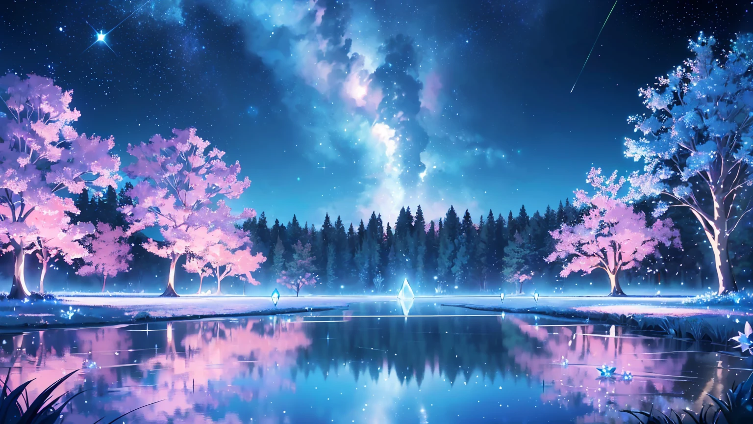 Mystical landscape with ((luminous starry blue and white flowers emitting light particles surrounding pond)),softly glowing butterflies, (one beautiful vivid purple sakura tree), (((unique view with extremely vivid multicolors without any people))), {extremely detailed 16k CG unity wallpaper}, expansive natural landscape photography, (wide open field view), (low angle shot),complex details, (iridescent colors: 1.6), (dark night lighting), (atmospheric lighting), Dreamy, unique, no people, reflections perfect,(no humans),landscape only, pixiv_fantasia,((starry glittering pond,water filled with shimmering stardust)),dark night