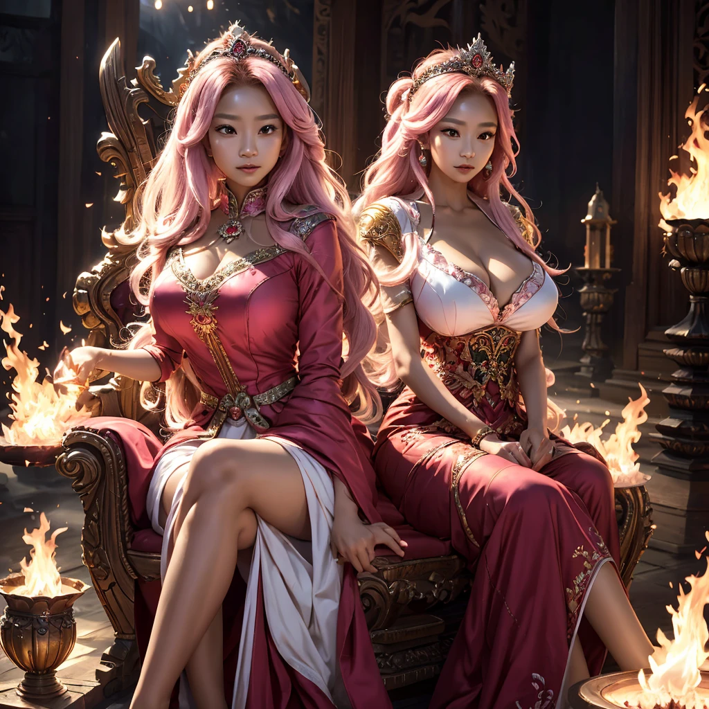 The beautiful Indonesian  lady with stunning longest hair crown windblown. Dressed in pink-white-red luxury queen Dress, holding a magical fire element while sit on the throne in the flame castle with blizzard firestorm view, Surrounded by kings dragon. Wide full view realistic.