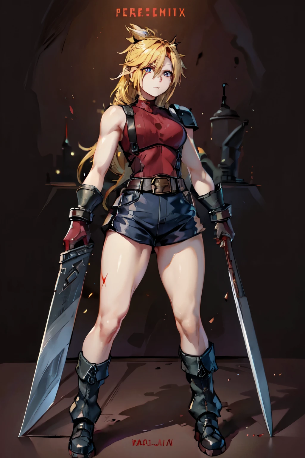 (masterpiece, best quality:1.2), red glowing eyes, red eyes, the eyes are red, perfect face, , strong make up, highres, 1 girl, solo, ultra long ponytail, (female:1.5), strife, blonde hair, shoulder armor, sleeveless turtleneck, suspenders, belt, gloves, bracer, evil smile, standing, portrait, looking at viewer, giant sword on the back, long leather boots, fullbody shot