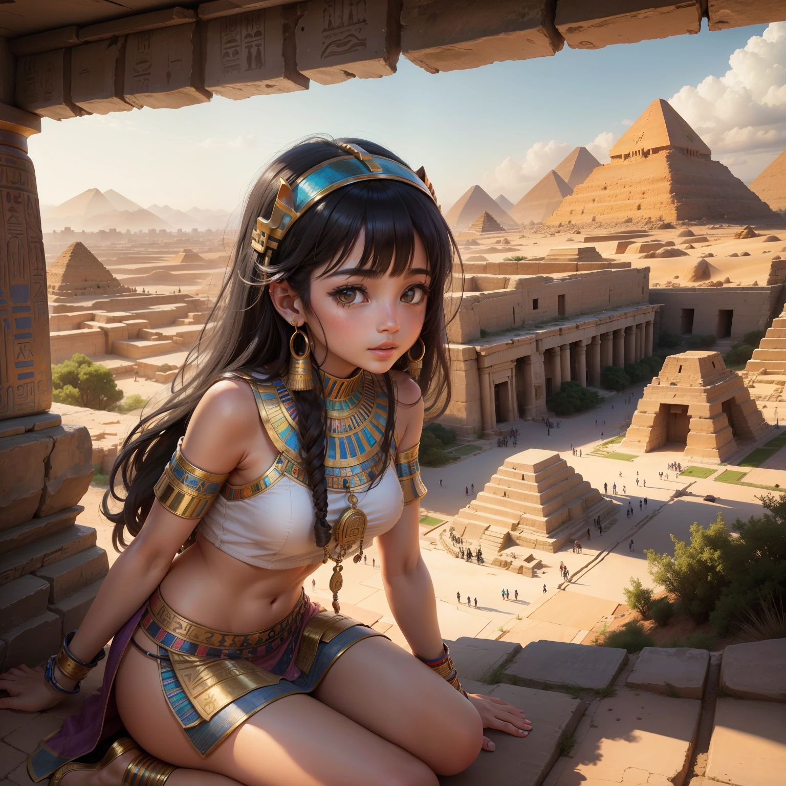 Cute Ancient Egyptian Girl、A hill overlooking the colorful temples of ancient Egypt、A colorful view of the whole city