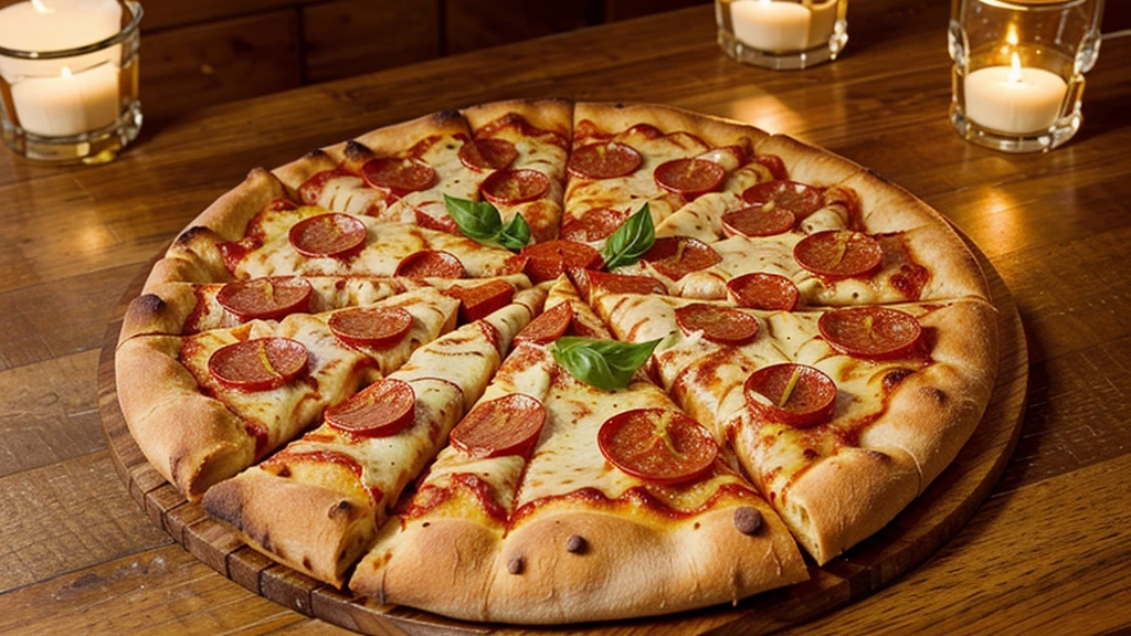 a delicious pizza on a table, photography hight quality, wood desk, Pepperoni pizza, advertising image, Beautiful image