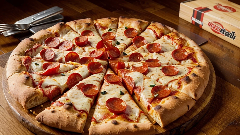 a delicious pizza on a table, photography hight quality, wood desk, Pepperoni pizza, advertising image, Beautiful image