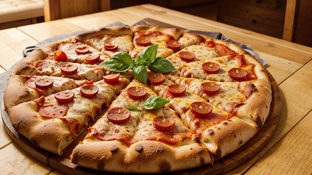 a delicious pizza on a table, photography hight quality, wood desk, Pepperoni pizza, advertising image, Beautiful image