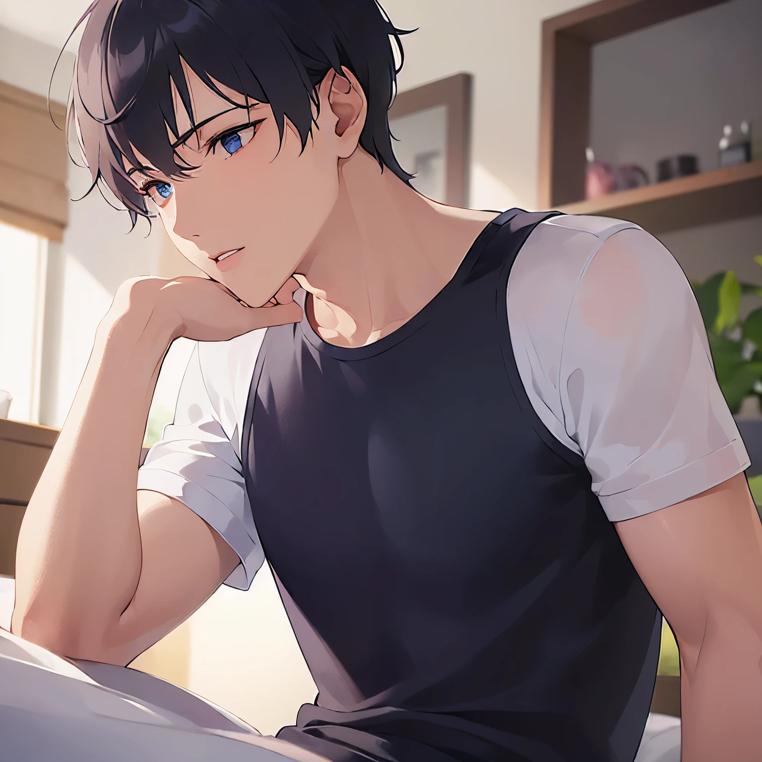 (25-year-old male:1.5) and (Black short hair) and (blue eyes) (white) and (T-Shirts)、(looking away:1.5),upper body, shiny skin, masterpiece、Highest quality、 On the bed、Hands over mouth、Sitting、blush,Sulking、(alone:1.5)