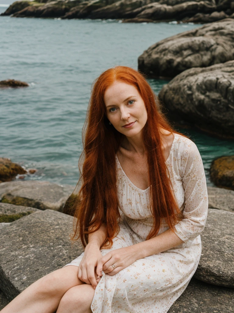 portrait shot, half body, her name is Mia, high quality, 1 old woman, ((40-year-old mature irish woman)), (((40 years old))), (guitar shaped body), wide hips, (wrinkled body), (old body), (((red hair))), (pale skin), ((green eyes)), she is wearing a sexy boho dress, dynamic pose, smiling, BREAK, BACKGROUND: outdoor: secluded cove at sunrise, coves, dawn, tide pools, seashells, small boat, film grain