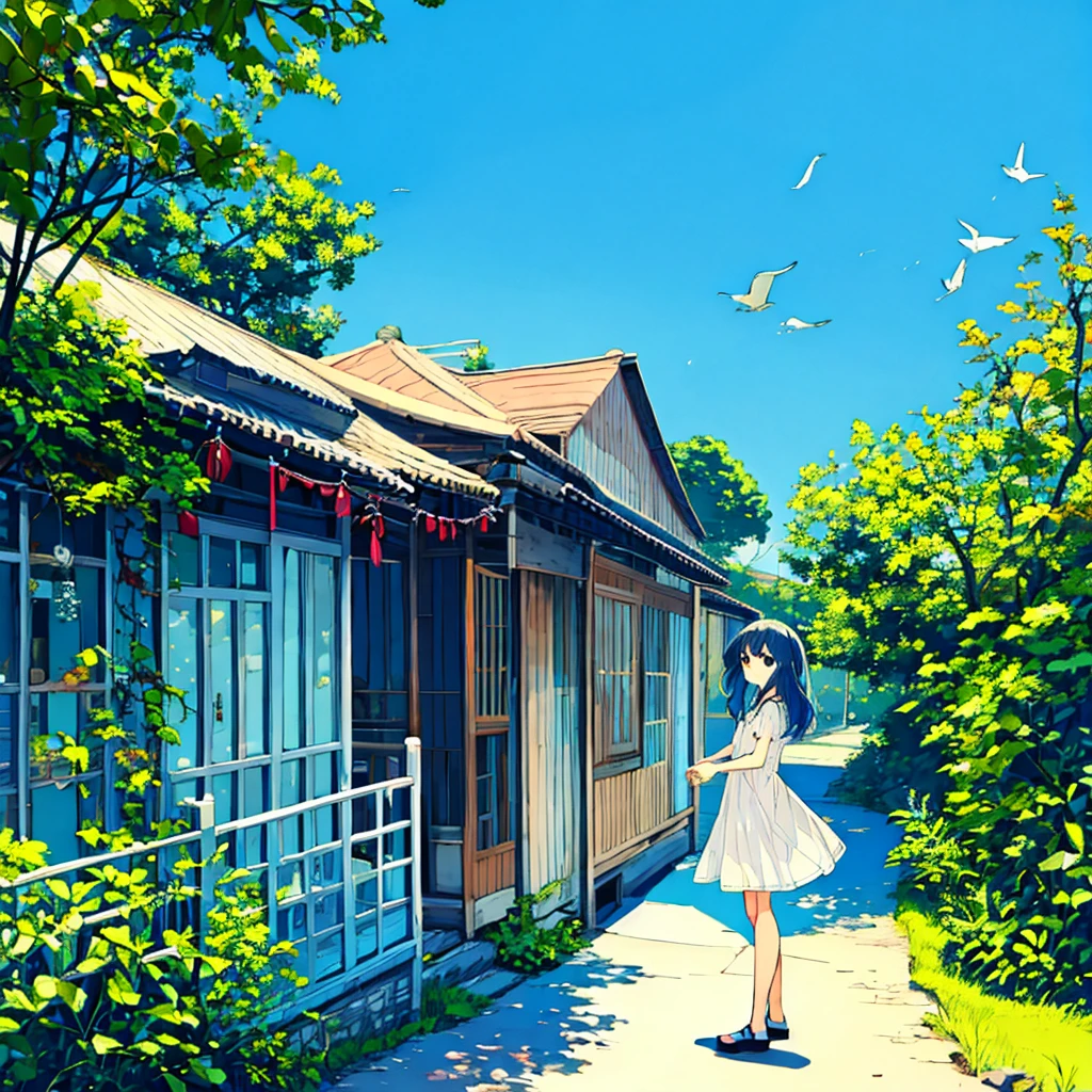 Beautiful summer scenery, blue sky, wind chimes, nostalgic, girl, pale colors