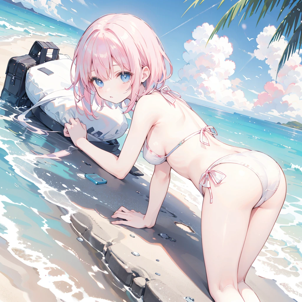 cute、、blue eyes、bikini、White panties、Crouched posture、Beach、Leaning forward、lie down、Lying on your back,Short Hair、Pink Hair