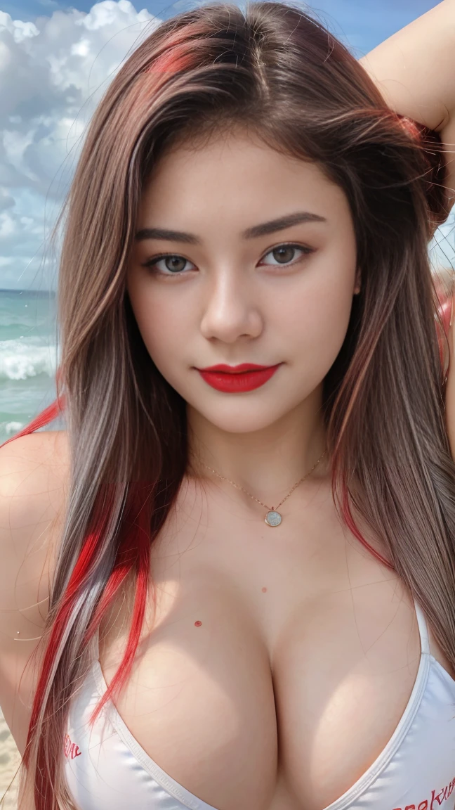 1 Girl, Beautiful, , 20 Years Old, White Skin, Pose, Ultra Large Breast, Cleavage, Dark Red G-string, Grey Eye, Muscles:1.3, Beach, Bokeh:1.1, Drill Hair, Tied Hair, ((Coloured Hair)), Red lipstick, Sensual Lipstick, Sensational Make up Artist, Eyeshadow, Georgeus 