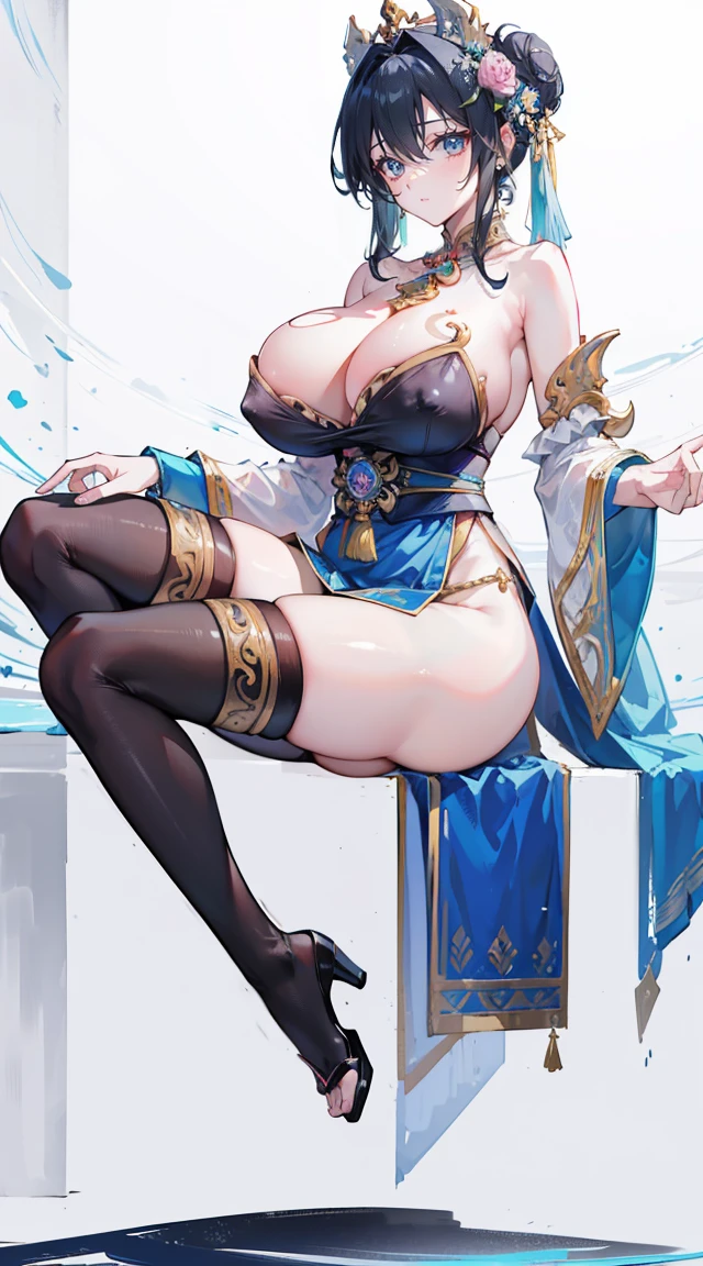 Masterpiece、need、1 woman、blue clothes、Traditional Thai dress, blue strapless、full body photo、ancient thai style、 White cloth buns, steamed buns、black hair、Leaky shoulder、The chest is large.、Long, slender legs、smile、black stockings、ริมฝีปากpinkอ่อน、Embroidered clothing、high-heels,(big tits),sexy, slightly seductive expression, big breasts,Show your breasts,The cracks are clear....,((big tits)),(pubic bone), rift, visible chest,seductive pose,I see bulging nipples.,(((large areolae:1.4,pink,The nipples are clearly visible.......)))