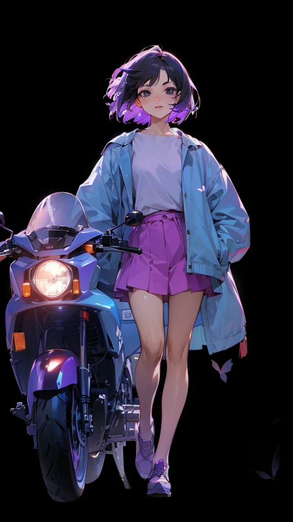 The background is full of cherry blossoms, and the half-length photo shows short hair, black eyes, and purple.