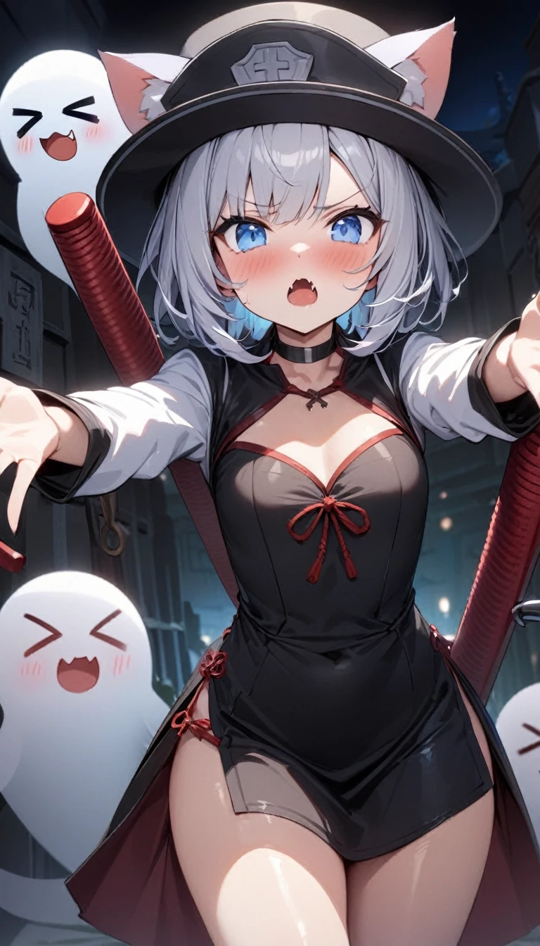 (((best quality)), ((masterpiece)), (details), masterpiece, best quality, high quality, ulutra detailed, perfect face, ((1girl, blue eyes, cat ears: 1.3 silver bob hair: 2.5,)) 、Shiny Hair、Glowing Skin、blush、Lustful look、Tiny vampire fangs、 choker、chinese style long sleeve clothing、chinese style skirt、Chinese-style hat with banknotes、 Cute ghost、>_<、Have a nunchuck、 Arms stretched straight out in front、 Chinese cemeteries、night、 masterpiece、Highest quality、Very aesthetic