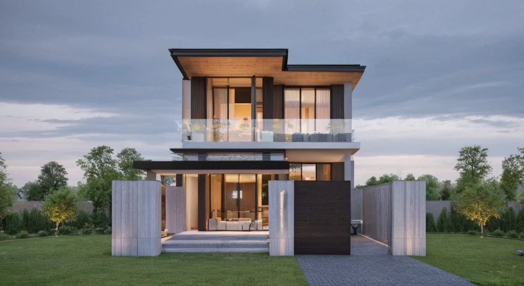 Modern house, beautiful view, wide windows, ((white wall)), (glass railing), surrounded by trees, lawn, walkway, large paved stone yard, (large sliding glass door), road straight, light sunset, neutral light, beautiful sky, cloudy, landscape, plain terrain, RAW photo, subject, 8k uhd, dslr, soft light, high quality, grain cup, Fujifilm XT3
