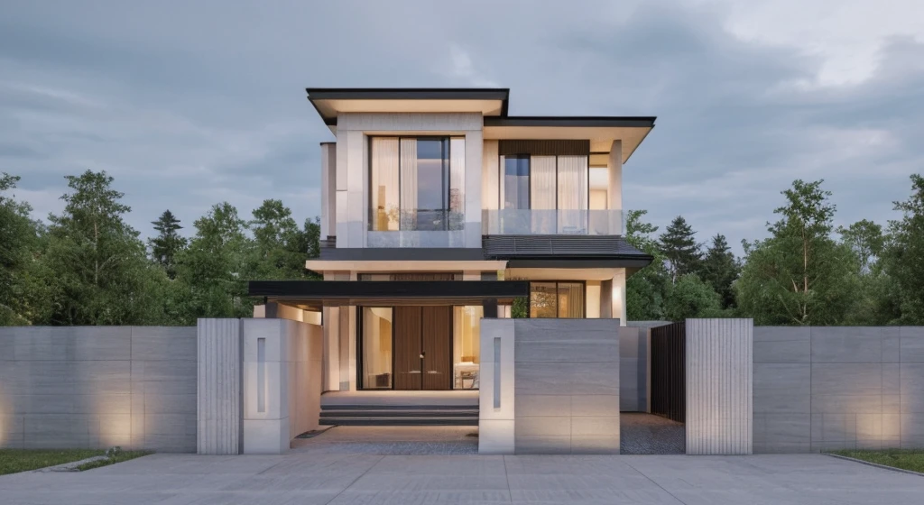 Modern house, beautiful view, wide windows, ((white wall)), (glass railing), surrounded by trees, lawn, walkway, large paved stone yard, (large sliding glass door), road straight, light sunset, neutral light, beautiful sky, cloudy, landscape, plain terrain, RAW photo, subject, 8k uhd, dslr, soft light, high quality, grain cup, Fujifilm XT3