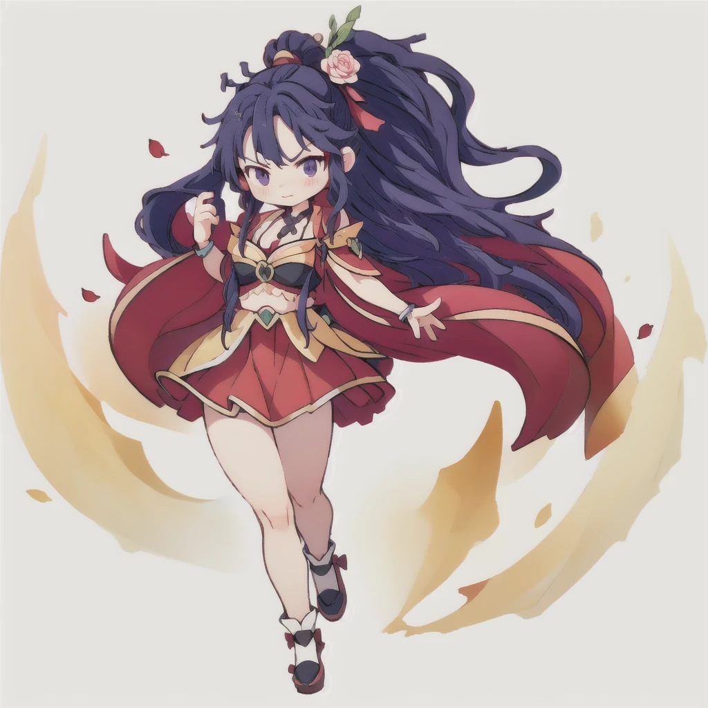 best quality, ((cute的浅肤色婴儿)),chibi anime,chibi, Long black hair,Shouhui,cute,Purple Eyes,(Navel),(((full body))),Long skirt,black shoes,High ponytail,1girl,((独奏)),Bare legs,big breast,cleavage,(White bone hair ornament),Bright colors,Solid color background,Falling rose petals,Bright colors,standing,angry,Holding a spear,cute,White background