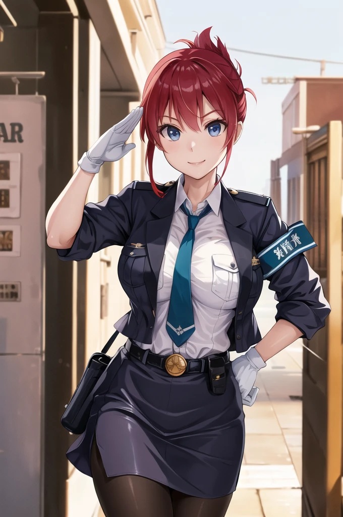 masterpiece, best quality, highres, aoi1, 1girl, solo, red hair, folded ponytail, blue eyes, skirt, necktie, white gloves, police uniform, belt, black pantyhose, jacket, armband, large breasts, cowboy shot, standing, smile, salute, outdoors,