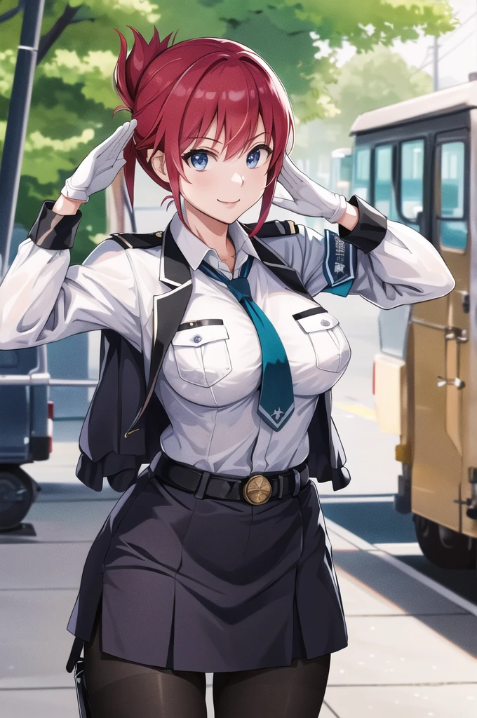 masterpiece, best quality, highres, aoi1, 1girl, solo, red hair, folded ponytail, blue eyes, skirt, necktie, white gloves, police uniform, belt, black pantyhose, jacket, armband, large breasts, cowboy shot, standing, smile, salute, outdoors,