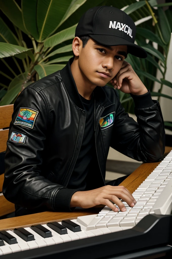album cover young mexican keyboardist dressed in black jacket, cap. Resting his arm on a keyboard in tropical atmosphere cartoon. With the words in written in Spanish
"Jacob" THE HURRICANE OF KEYBOARDS