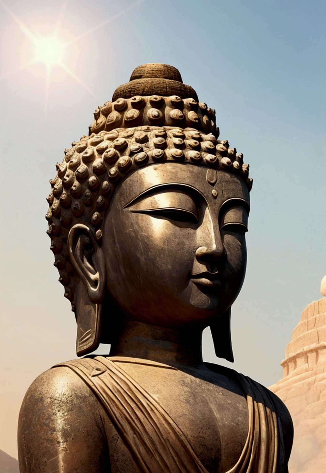 Giant Buddha statue in the distance, stone, Texture, Tall, Majestic, The background is illuminated by sunlight，inverted image，Lateral face，Pilgrims on the road