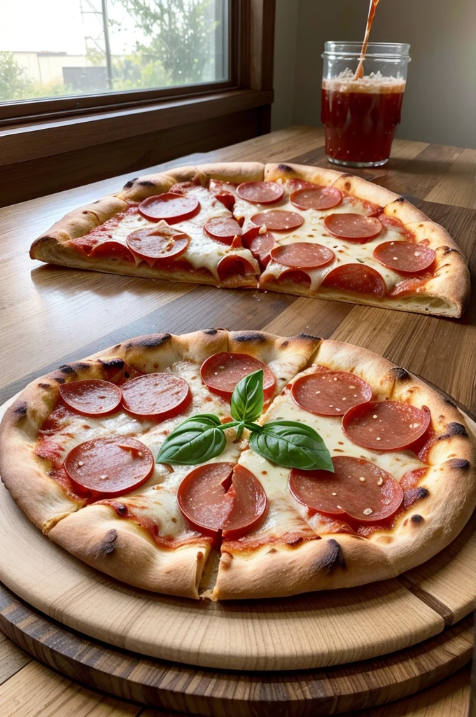 a delicious pizza on a table, photography hight quality, wood desk, Pepperoni pizza, advertising image, Beautiful image, image seen from the front, horizontal angle
