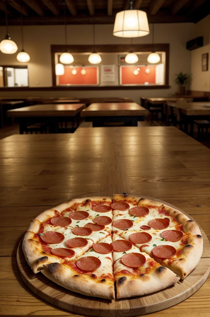 a delicious pizza on a table, photography hight quality, wood desk, Pepperoni pizza, advertising image, Beautiful image, image seen from the front, horizontal angle
