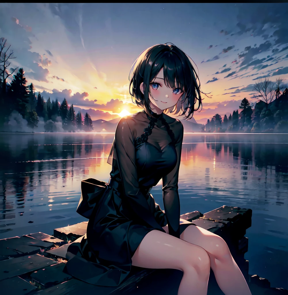 (Dark Scene, Soft lighting, High saturation):1.4, Vivid lighting, Enchanting elegance, Atmospheric Depth, Great technology, Naturalistic representation, Harmonious composition, Creative refinement, Striking contrast,
(One beautiful girl), Sitting, smile, Expose, Short black hair
((sunset)),Volumetric Fog, Outdoor, Backlight