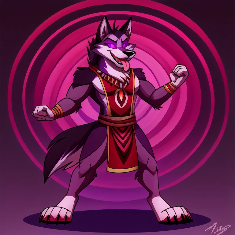 (masterpiece, best quality:1.2), Vortex hellhound, wolf, furry, helluva boss, hypnotized with glowing purple eyes, tongue out, tribal clothes, tabard, tribal clothes, dancing ridiculously