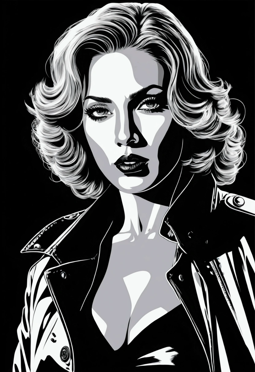 (vector art), (ohwx woman), Jesica Alba as Nancy Callahan in Sin City, Frank Miller style, realistic, vectorized, vector art, full shot, (jesica_alba), Vector Cartoon Illustration
