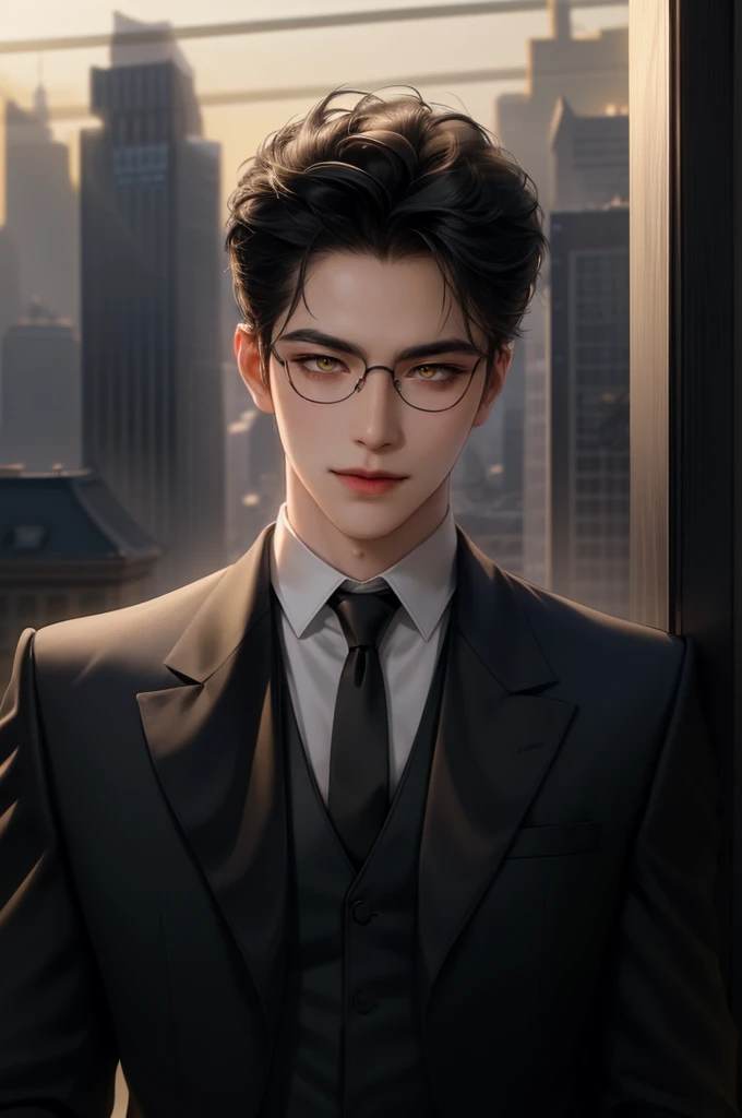 (masterpiece,best quality,ultra_detailed,highres,absurdres) (detailed shadow) (quality light),1 mature male, 21 years old, korean male focus, solo, short black hair, (yellow eyes), city background, full body, looking at viewer, parted lips, round eyewear, (wearing black suit with tie), (wearing thin glasses), showing a bit of muscles, smirk smile face.