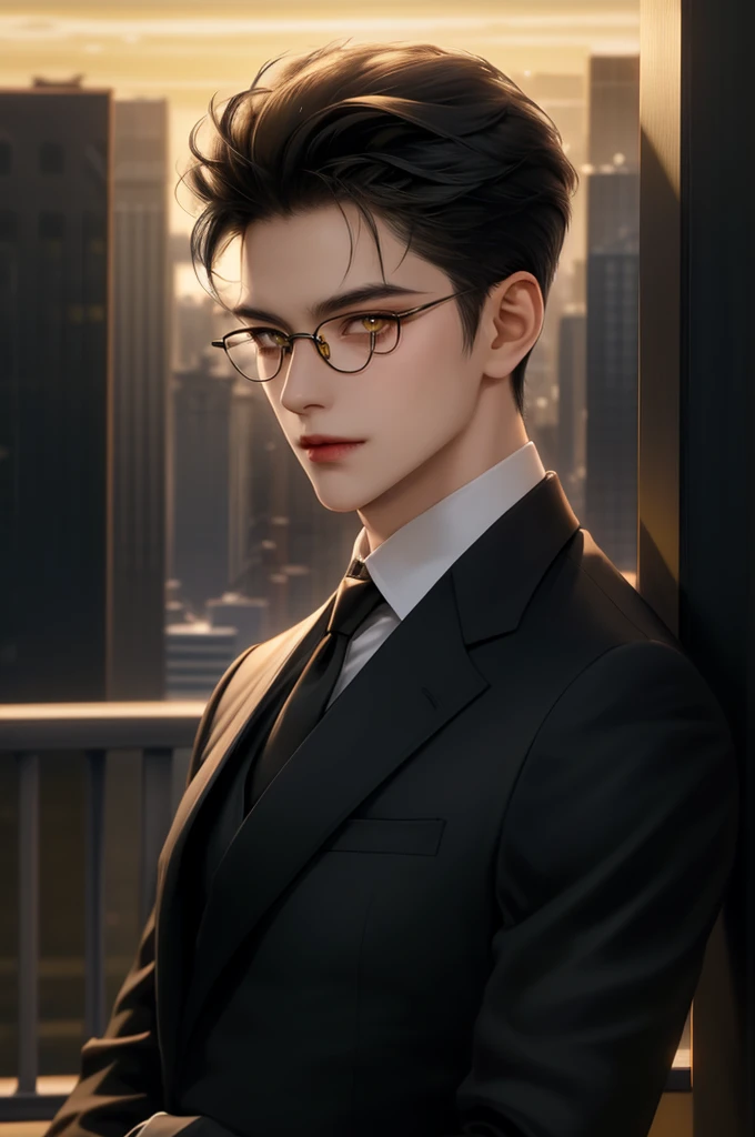 (masterpiece,best quality,ultra_detailed,highres,absurdres) (detailed shadow) (quality light),1 mature male, 21 years old, korean male focus, solo, short black hair, (yellow eyes), city background, full body, looking at viewer, parted lips, round eyewear, (wearing black suit with tie), (wearing thin glasses), showing a bit of muscles, smirk smile face.