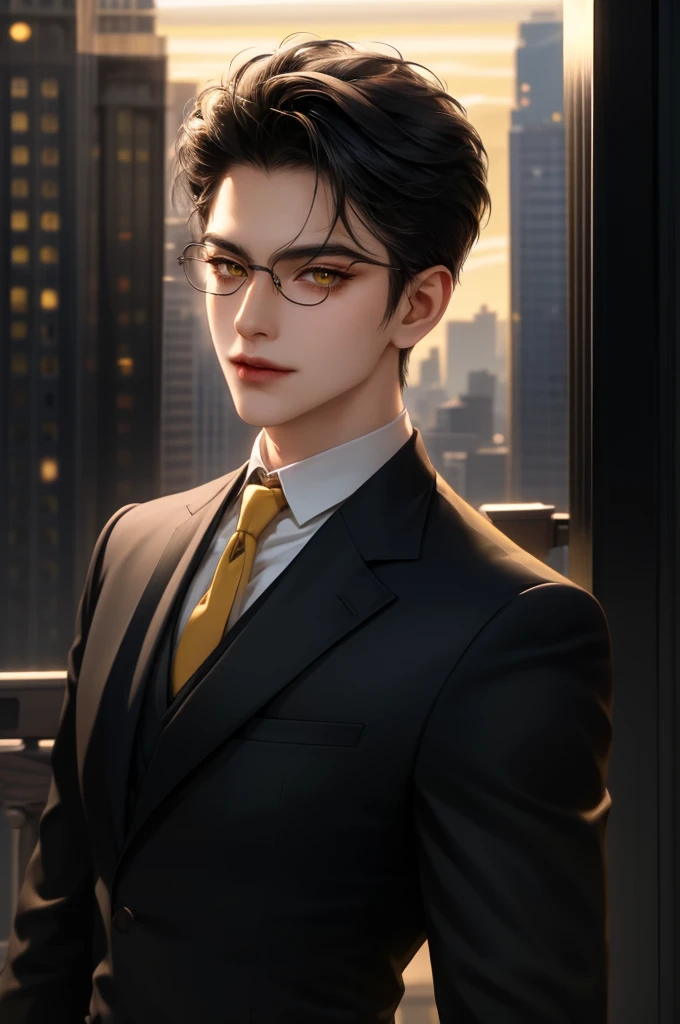 (masterpiece,best quality,ultra_detailed,highres,absurdres) (detailed shadow) (quality light),1 mature male, 21 years old, korean male focus, solo, short black hair, (yellow eyes), city background, full body, looking at viewer, parted lips, round eyewear, (wearing black suit with tie), (wearing thin glasses), showing a bit of muscles, smirk smile face.