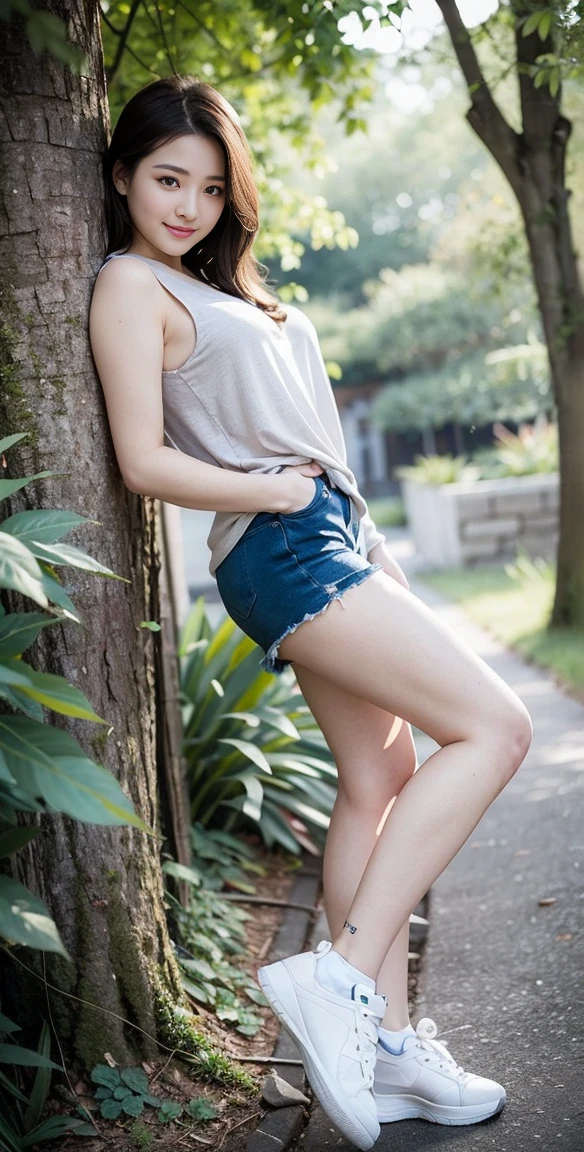 masterpiece, best quality, Surreal, Ultra Detailed, 8k resolution, RAW photos, Clear focus, (A girl in the forest), ((light gray shirt)), sleeveless, sports Shorts,, Solitary, Perfect body, Perfect body, Bangs to eyebrows、Beautiful brown hair、Beautiful and delicate eyes、Brown eyes、Raise an eyebrow、、Tempting lips、Mouth slightly open、Beautiful breasts、Full body、Oval face,Phoenix Eyes，Eyebrow， Double eyelids, Long eyelashes, A faint smile, full-body shot:1.2，Dynamic poses,Playful and flirty pose， 32 inches in the chest,(a charming smile:1.2), (sexy pose)，26 years old, light,White shoes，