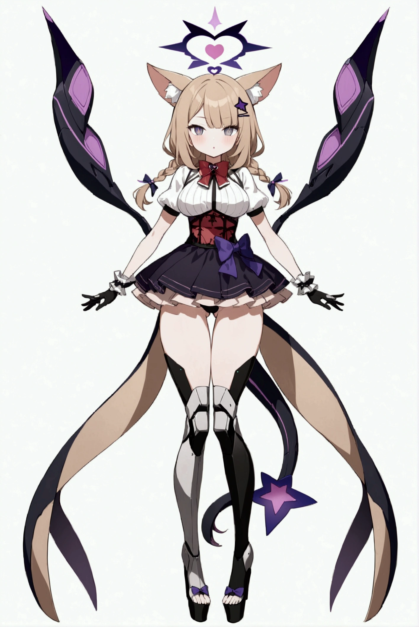 Woman 170cm tall, medium chest, wide hip, slim build, charming look, (dark blonde hair), ((hip length loose wavy hair, asymmetrical bangs, star hairpin)), (a short braid on the left and right side of the hair tied with an elegant purple ribbon), (small ribbons at the back of the hair), ((Gray eyes with a pink 4-pointed star in the pupil)), (two black fox ears located on the top of the head), (luminous black halo in the shape of a 4-pointed star on the head), ((It has a small black succubus tail that ends in the shape of a heart)), (((He has complex futuristic mechanical legs and feet that reach up to his thighs., The legs and feet are dark gray with small burgundy and black details.))), (elegant thigh-length one-piece dress, small Vinotinto bowtie on the neck of the dress, white bust with vertical black lines, lace and ruffle skirt, short sleeves with ruffles, big bow on the back of the hip of the dress, ribbon decorations and star patterns on the dress), black ruffled gloves, Black platform heels, gray belt at the waist with a large ribbon with a luminous pink heart in the middle, black necklace with a heart pendant on the neck, (((character design sheet: front view))), ((whole body)), extremely detailed beautiful hair, beautiful detailed dress, extremely detailed arms, extremely detailed face, (Extremely detailed hands), perfect hands, small face, Beautiful detailed eyes, beautiful detailed lips, adorable, extremely detailed legs, (Best Quality, 8k, high resolution), ultra detailed, Exquisite and epic character art, ((White background)), (Focus on symmetry), (beautiful detailed succubus tail).