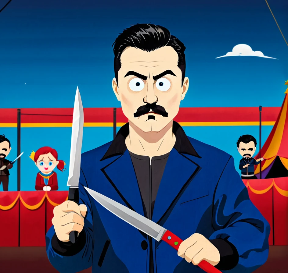 1men, black hair, short hair, flattop, Bold, Circle Eye, x-shaped pupils, raised eyebrows, makeup, Black Mustache, Blue Techwear Jacket, holding Knife, Inside Circus 