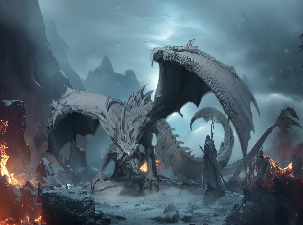 knight confront winter dragon, fire dragon, fire in mouth, ruined castle,debris, dark ,snowy winter,fog, dramatic scene, movie scene, fire, view from below, unreal engine, hyper detailed, volumetric lighting,8K, Ultra-HD, photo realism, cinematic rendering, ray tracing, highest quality