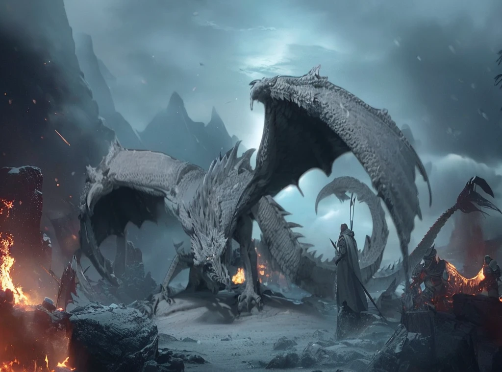 badlands. flying dragon, knight confront winter dragon,spread wings, battle scene, fire dragon, fire in mouth,corps, troops, debris, dark ,snowy winter,fog, dramatic scene, movie scene, fire, view from below, unreal engine, hyper detailed, volumetric lighting,8K, Ultra-HD, photo realism, cinematic rendering, ray tracing, highest quality,