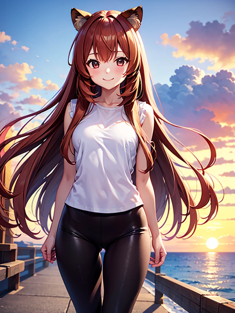 solo、Raphtalia、smile、1 girl、Raccoon ears,   leggings, black leggings