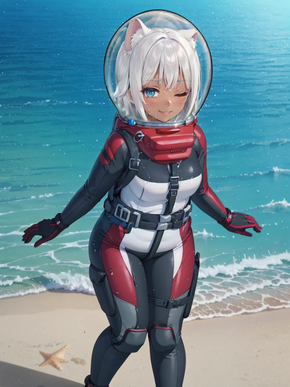 Highly detailed CG, 8k wallpaper, best quality, masterpiece, higher eyes and nose, very delicate and beautiful, beautiful, detailed,, (blue eyes: 1), (beautiful hands), (beautiful fingers) , , necklace (water:1.6), (beach:1.5), (messy hair:1.5), (leaning forward:1), looking at the viewer, (smile:1.3), (one eye closed:1.2) , (sweating), (beautiful toes), (6 years old:1.5), (1girl), (ash white hair:1.5),(middle hair:1 ), (dark skin: 1.4), (thigh circumference: 1.3) , beautiful, narrow waist, white thigh highs, narrow waist, thighs, wide hips, eyeliner, eyelashes, perfect face, detailed eyes, (dark skin : 1.5),,,(spacesuit: 1.15) , white cargo pants, astronaut )bubble helmet, space helmet, space helmet, CAT EARS, bubble helmet, eva helmet,