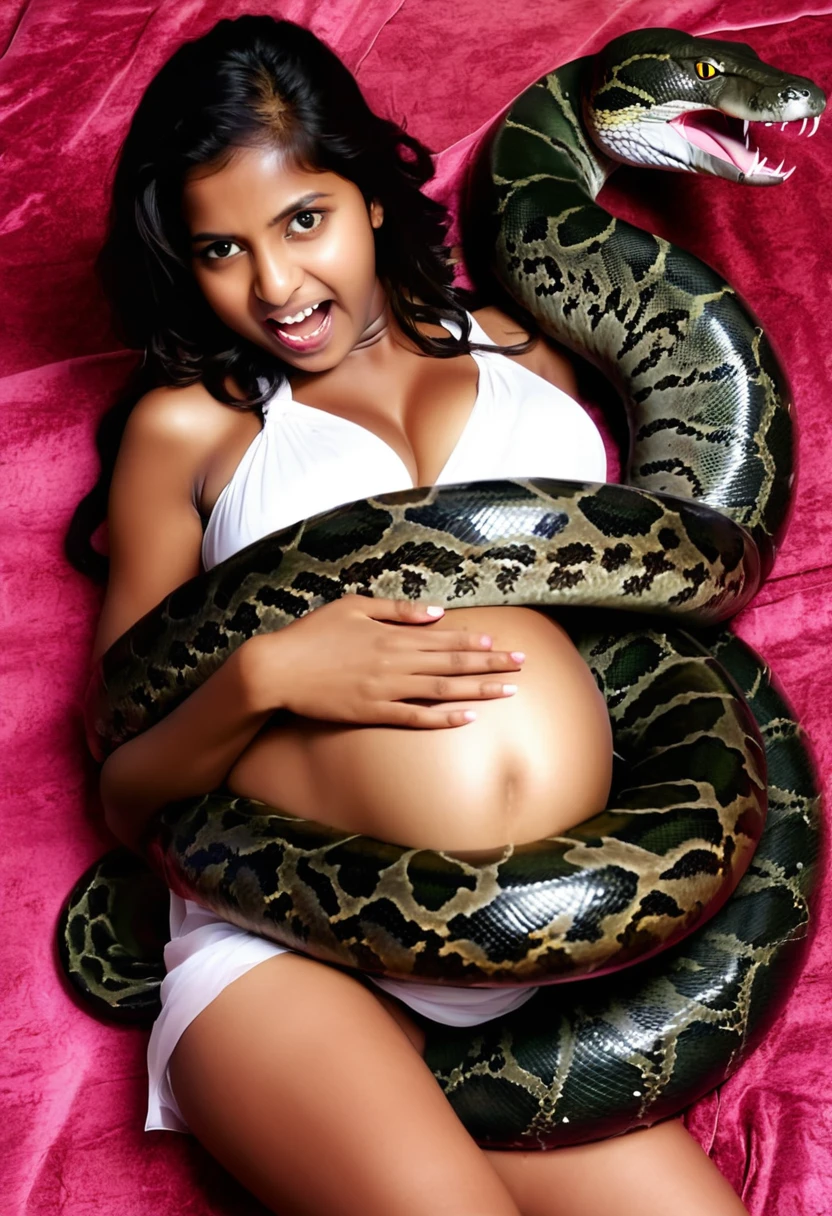 Pregnant Happy Horny, aroused 1girl), beautiful  Indian  young teen girl with  giant colossal Kaa monster squeezing her hard, wrapped in thick spiraling coils, constricted, struggle, gasping for air, snake attack, snake peril,